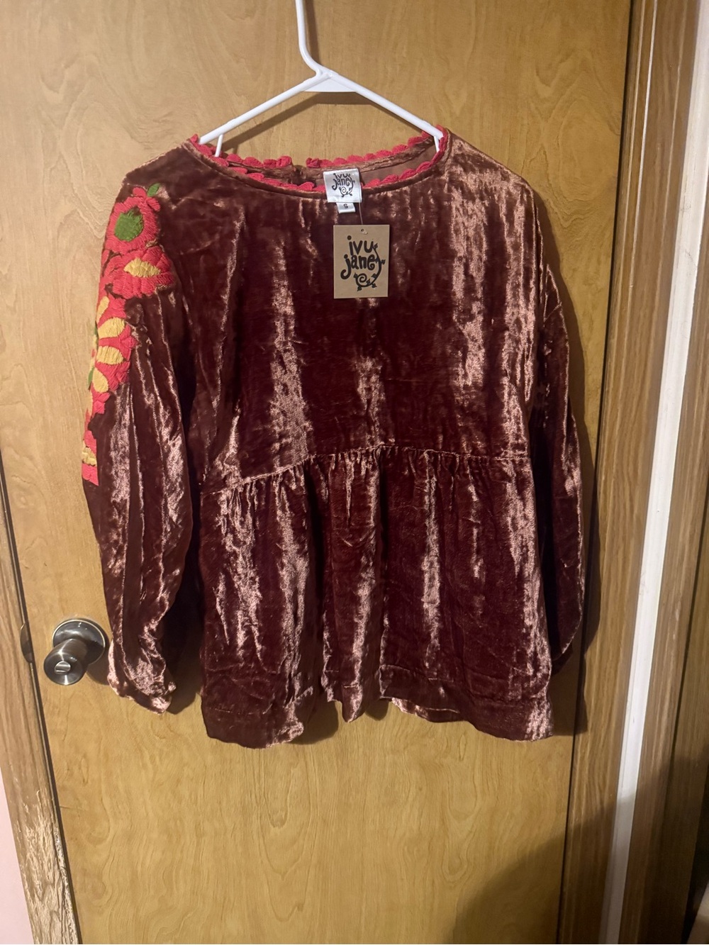Ivory & June Velvet Peasant Top in Deep Burgundy with Floral Embroidery